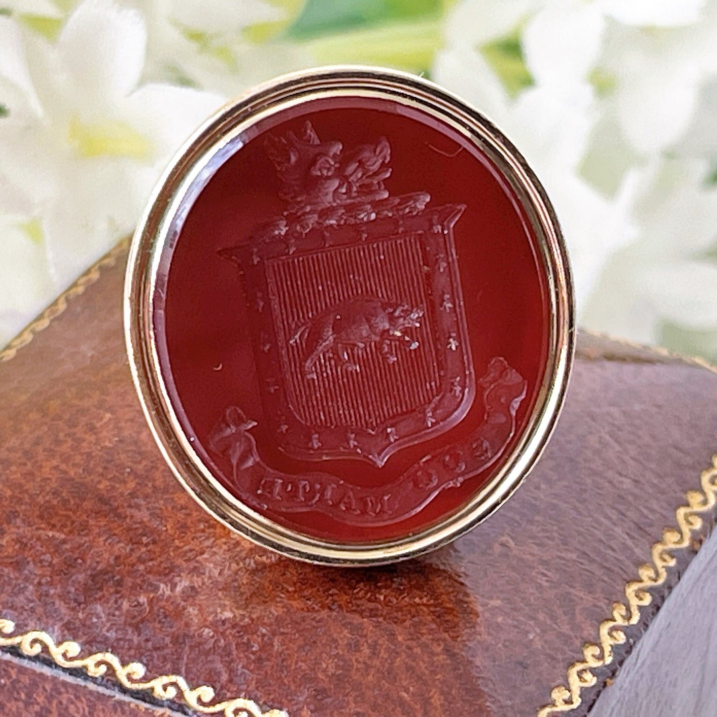 Antique 18ct Gold Carnelian Fob Seal Pendant with Coat of Arms. Georgian/Victorian Boar & Wolf "Suo Marte" Large Wax Seal Necklace Pendant