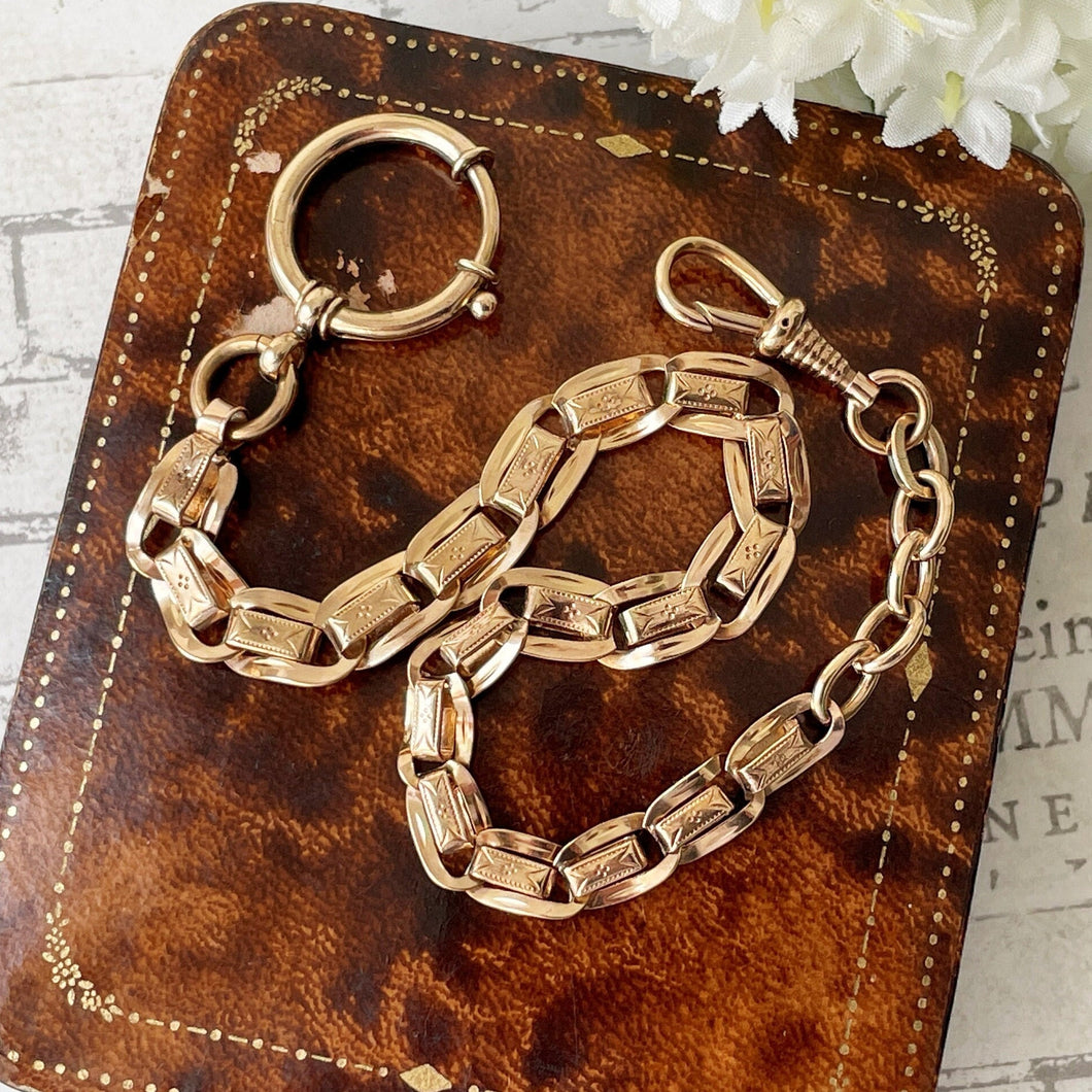 Antique 14ct Rolled Rose Gold Fancy Link Short Watch Chain. Edwardian Engraved Albertina, Dog Clip & Large Bolt Ring. Watch Chain Bracelet