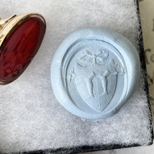 Cargar imagen en el visor de la galería, Antique Georgian 18ct Gold Carnelian Seal Fob With Heraldic Coat of Arms. English Knights Shield &amp; Armoured Legs Intaglio Seal Pendant
