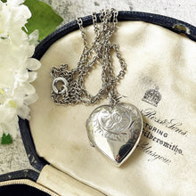 Load image into Gallery viewer, Vintage Sterling Silver Engraved Heart Locket Necklace. Large Love Heart Locket &amp; Chain. Edwardian Style Floral Engraved Sweetheart Locket
