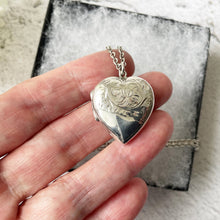 Load image into Gallery viewer, Vintage Sterling Silver Engraved Heart Locket Necklace. Large Love Heart Locket &amp; Chain. Edwardian Style Floral Engraved Sweetheart Locket
