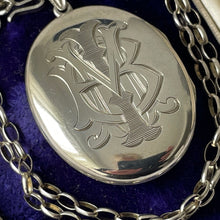Load image into Gallery viewer, Antique Edwardian Sterling Silver Locket Pendant Necklace. Large Engraved Monogram Puffy Oval Locket &amp; Chain. Antique Photo/Keepsake Locket
