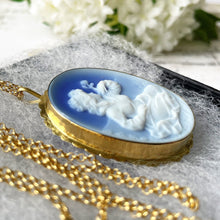 Load image into Gallery viewer, Vintage Italian 18ct Gold Natural Blue Agate Cameo Necklace. Del Gatto Italy Art Nouveau Woman Cameo Pendant. Large Gemstone Cameo Pendant
