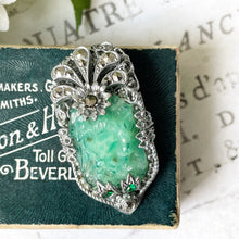 Load image into Gallery viewer, Antique Art Deco Silver &amp; Simulated Carved Jade Dress Clip. 1920s Green Czech Peking Glass Sterling Silver Flower Brooch Pendant
