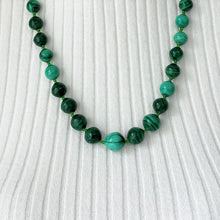 Load image into Gallery viewer, Vintage Art Deco Malachite Gemstone Bead Necklace. Carved Graduated Natural Malachite Bead Necklace 25&quot;/59cm. Scottish Malachite Necklace.
