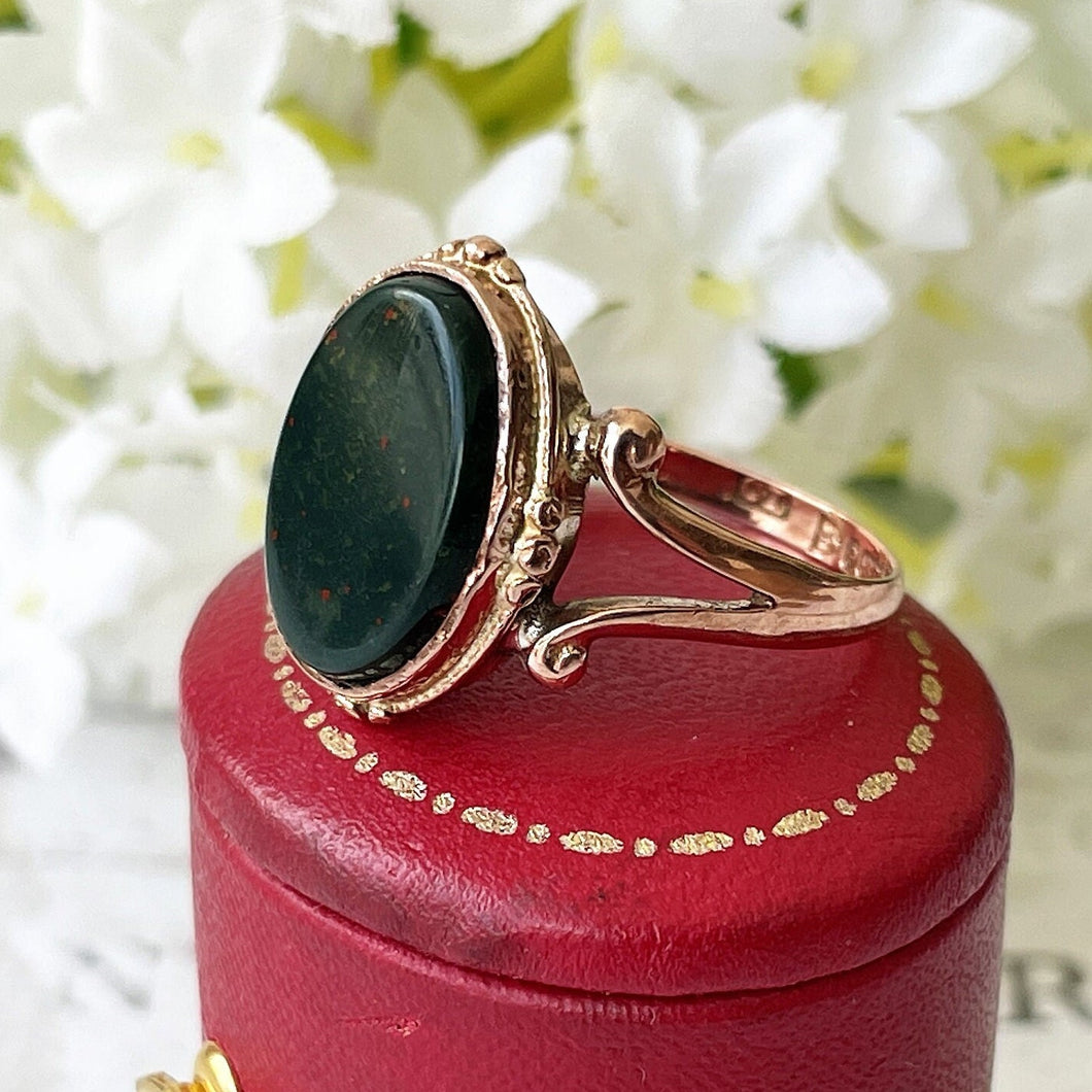 Antique Edwardian 9ct Rose Gold Scottish Bloodstone Ring. Signet Seal Style Ring, Chester 1916. English Etruscan Revival Ring, Size R/8-1/4