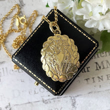 Load image into Gallery viewer, Victorian Aesthetic Rose Engraved Gold Locket Necklace. Antique Pie Crust Edge 2-Sided Gold Tone Locket &amp; Chain. Photo/Keepsake/Hair Locket
