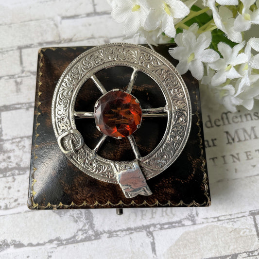 Victorian Scottish Silver Belted Garter Citrine Brooch. Aesthetic Engraved Cartwheel Brooch. Antique Scottish Cairngorm Plaid/Tartan Brooch