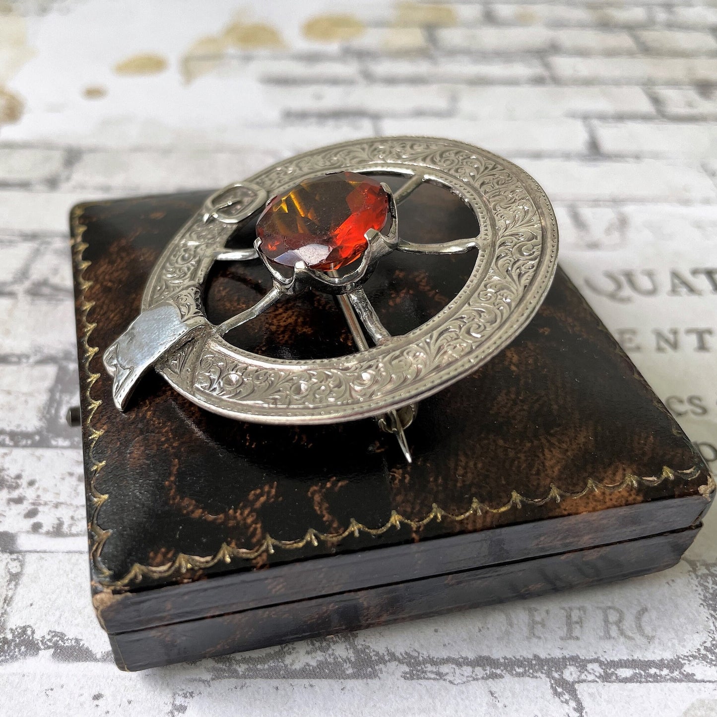 Victorian Scottish Silver Belted Garter Citrine Brooch. Aesthetic Engraved Cartwheel Brooch. Antique Scottish Cairngorm Plaid/Tartan Brooch