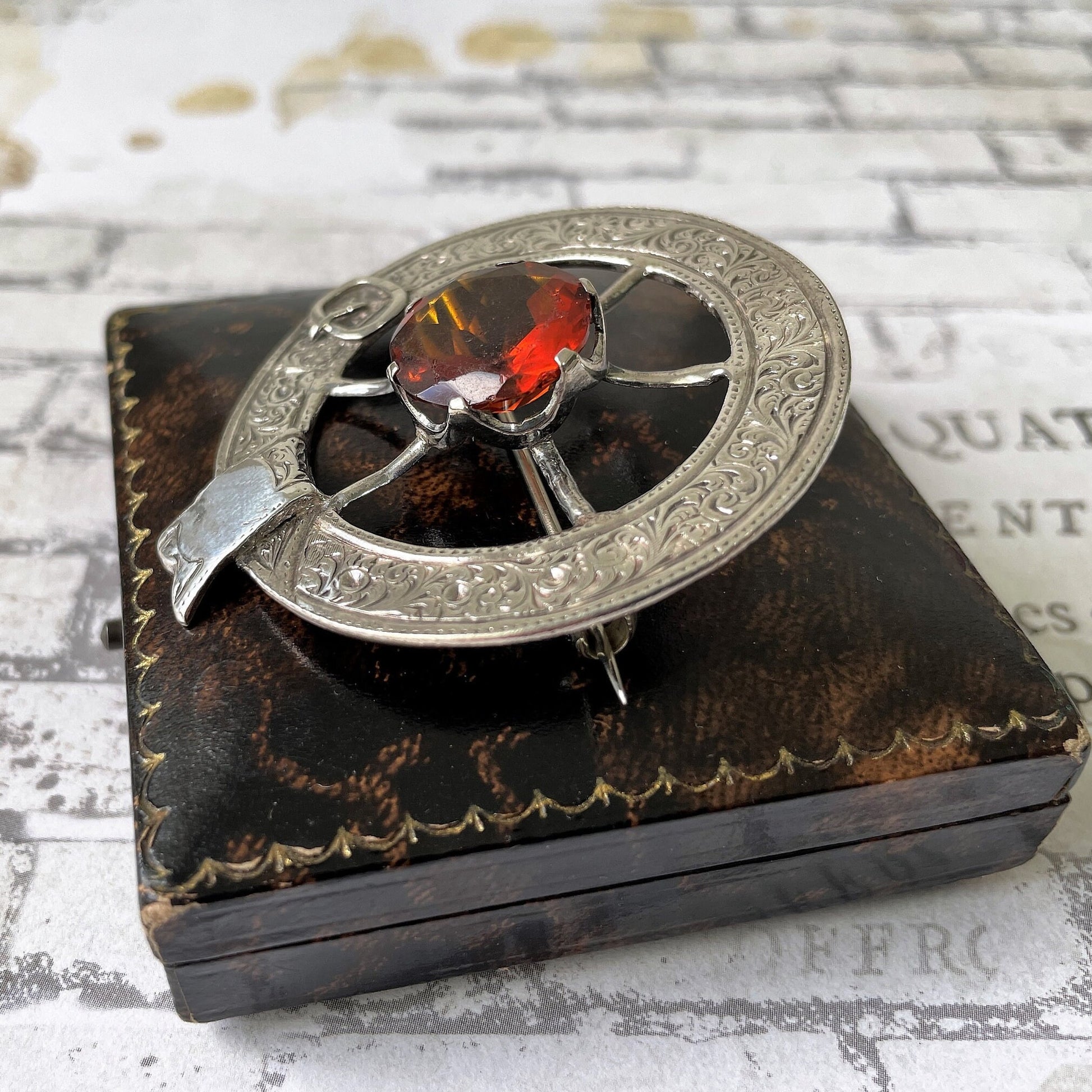 Victorian Scottish Silver Belted Garter Citrine Brooch. Aesthetic Engraved Cartwheel Brooch. Antique Scottish Cairngorm Plaid/Tartan Brooch