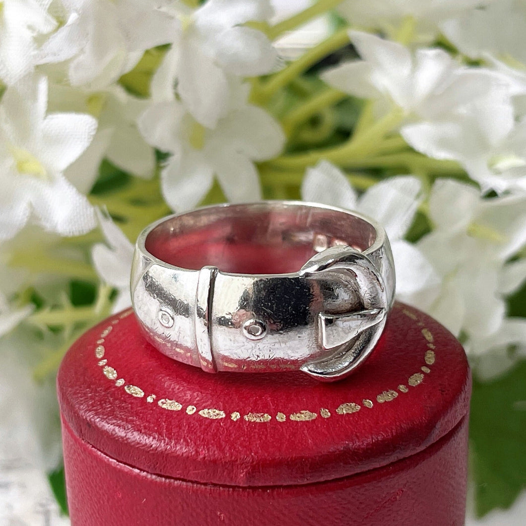 Antique English Silver Wide Band Buckle Ring, 1901 Hallmarks. Victorian Sterling Silver Unisex Ring. Chunky D-Band Ring, Size UK P-1/2, US 8