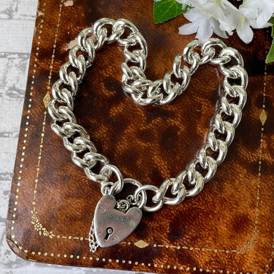 Vintage 1964 Sterling Silver Heart Padlock Curb Bracelet