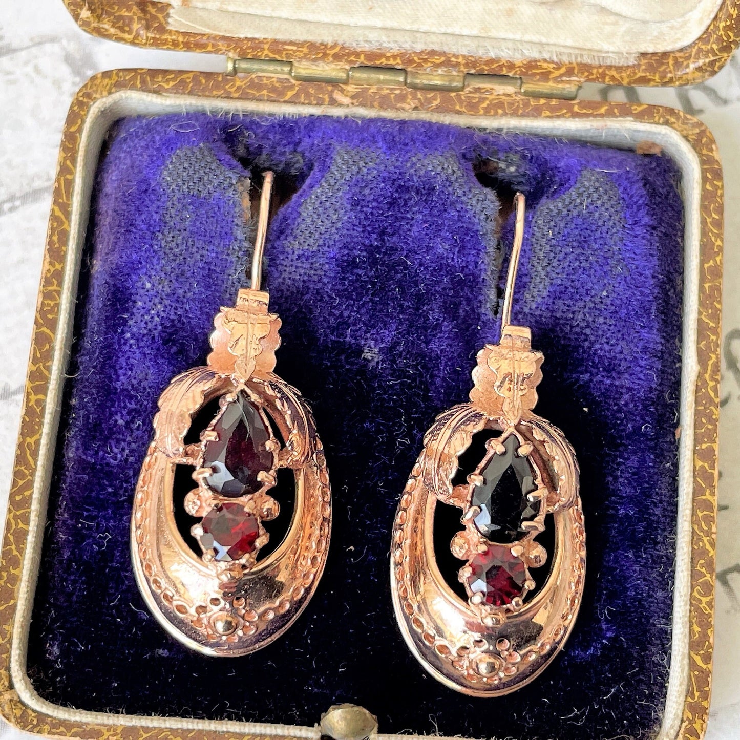 Victorian 9ct Rose Gold Etruscan Revival Garnet Drop Earrings, Boxed. Antique Bohemian Garnet Pendant Drop Earrings. Victorian Gold Jewelry