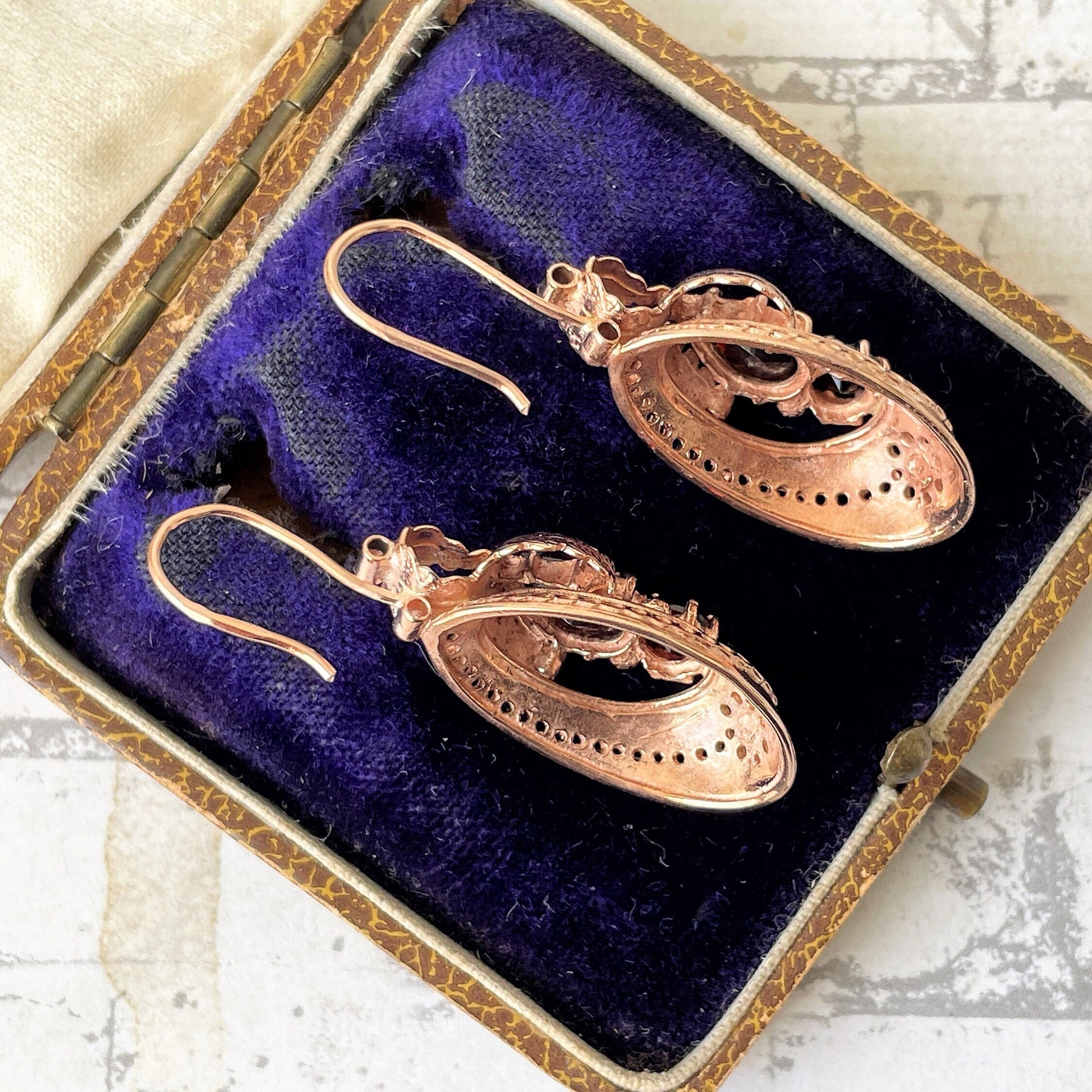 Victorian 9ct Rose Gold Etruscan Revival Garnet Drop Earrings, Boxed. Antique Bohemian Garnet Pendant Drop Earrings. Victorian Gold Jewelry