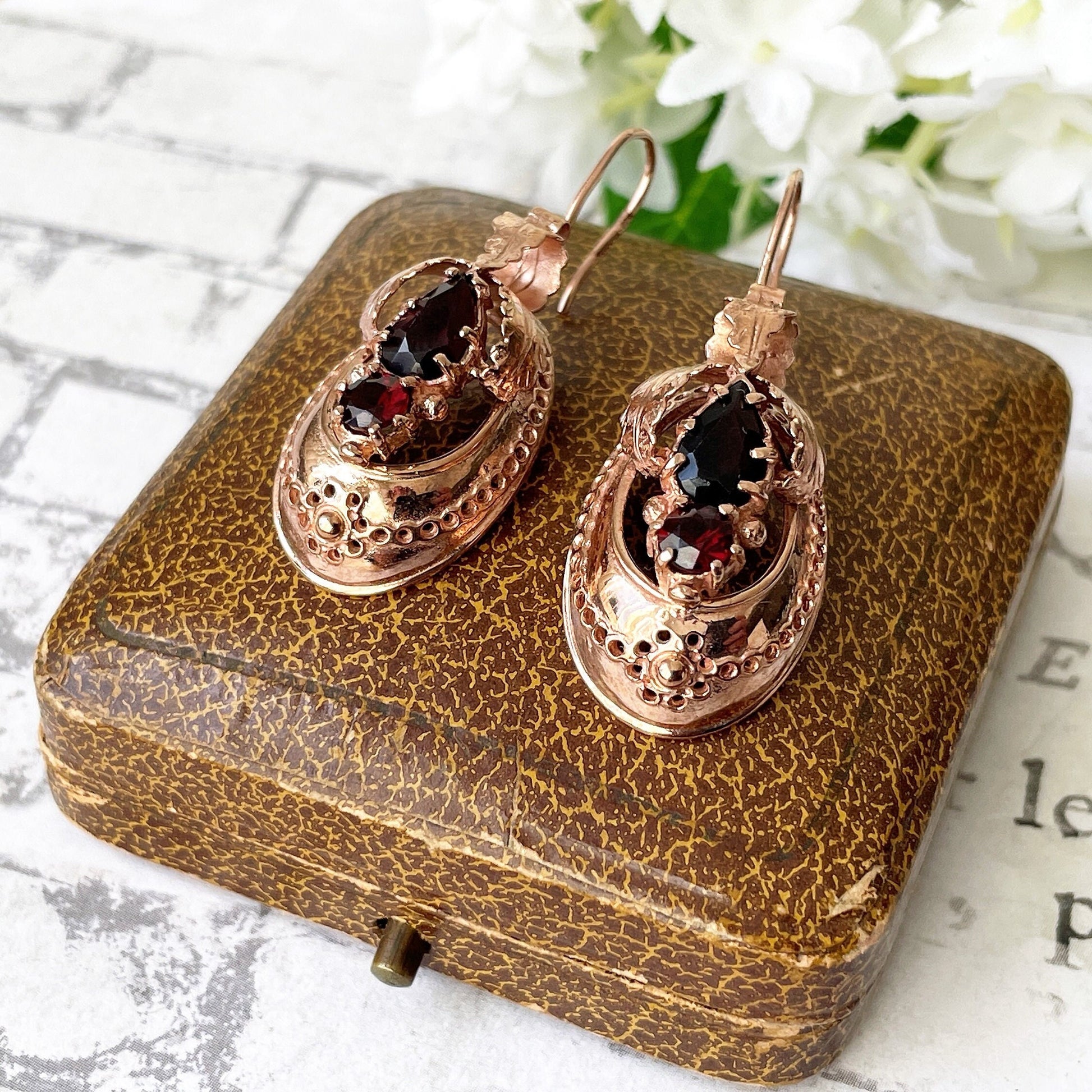 Victorian 9ct Rose Gold Etruscan Revival Garnet Drop Earrings, Boxed. Antique Bohemian Garnet Pendant Drop Earrings. Victorian Gold Jewelry