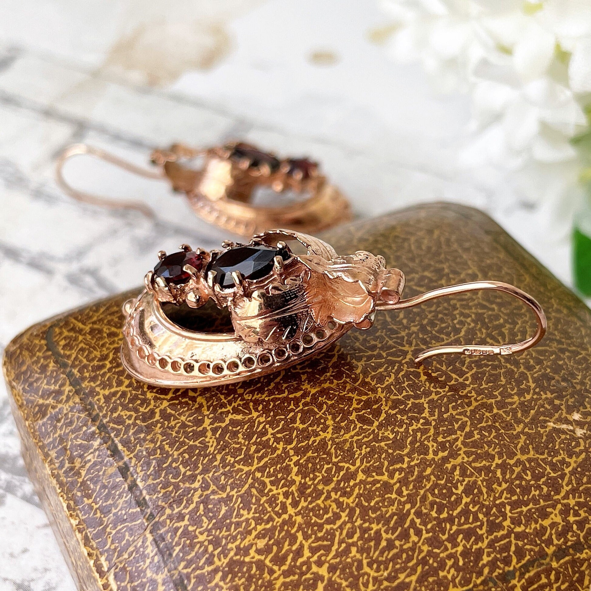 Victorian 9ct Rose Gold Etruscan Revival Garnet Drop Earrings, Boxed. Antique Bohemian Garnet Pendant Drop Earrings. Victorian Gold Jewelry
