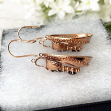 Load image into Gallery viewer, Victorian 9ct Rose Gold Etruscan Revival Garnet Drop Earrings, Boxed. Antique Bohemian Garnet Pendant Drop Earrings. Victorian Gold Jewelry
