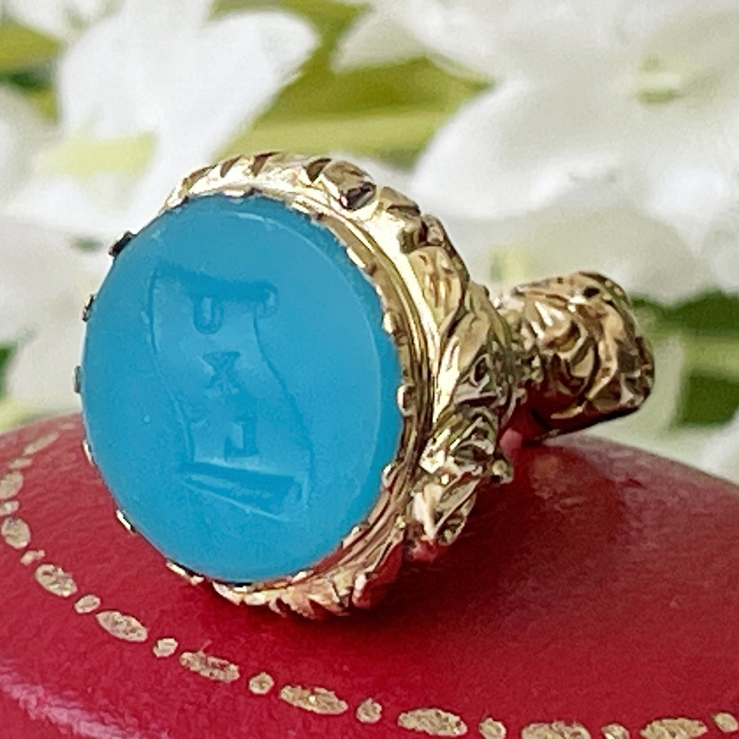 Georgian 9ct Gold Turquoise Intaglio Seal Fob Pendant. 