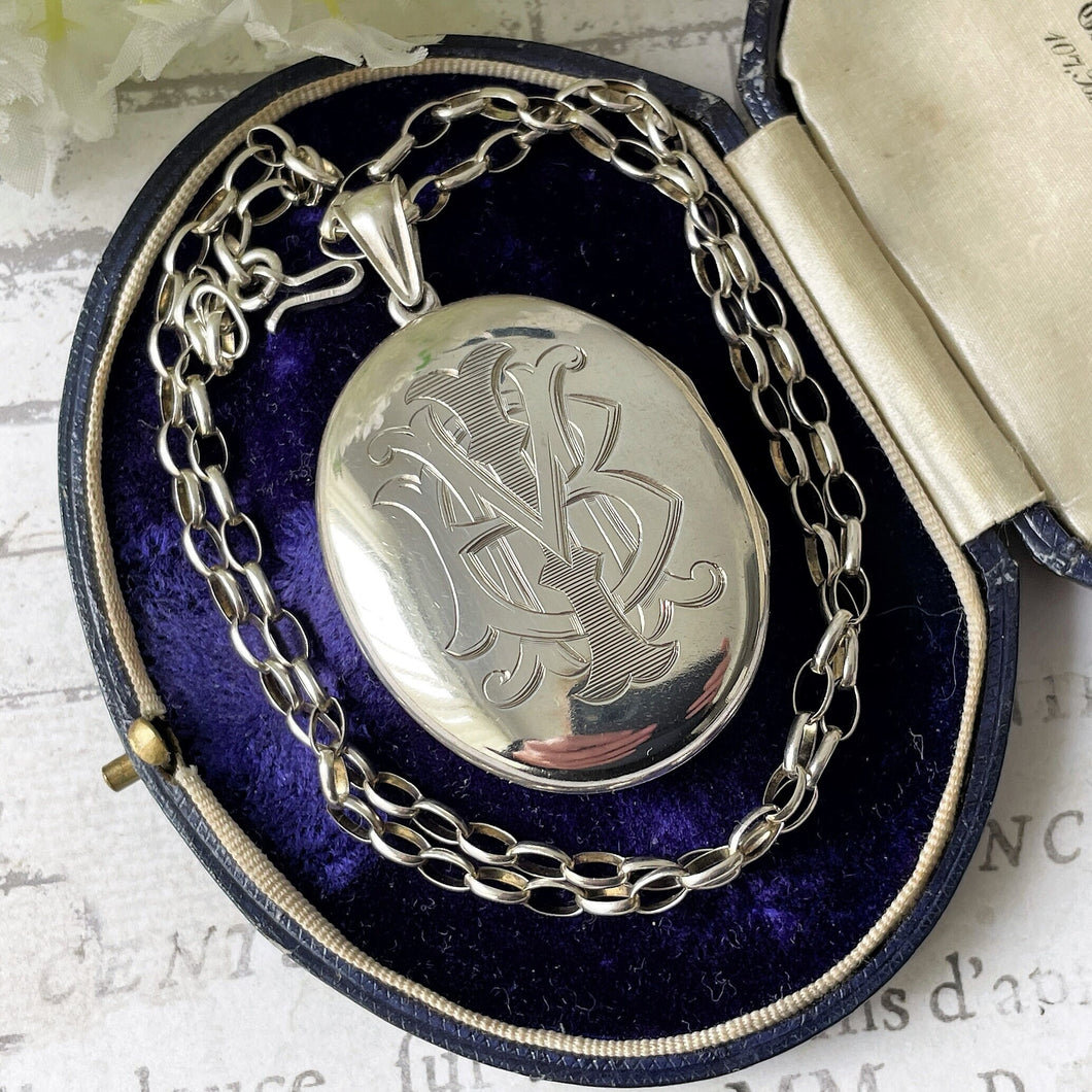 Antique Edwardian Sterling Silver Locket Pendant Necklace. Large Engraved Monogram Puffy Oval Locket & Chain. Antique Photo/Keepsake Locket