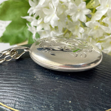 Cargar imagen en el visor de la galería, Antique Edwardian Sterling Silver Locket Pendant Necklace. Large Engraved Monogram Puffy Oval Locket &amp; Chain. Antique Photo/Keepsake Locket
