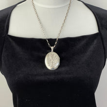 Load image into Gallery viewer, Antique Edwardian Sterling Silver Locket Pendant Necklace. Large Engraved Monogram Puffy Oval Locket &amp; Chain. Antique Photo/Keepsake Locket

