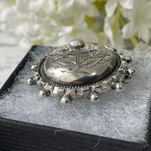 Load image into Gallery viewer, Antique Victorian Silver &amp; Pearl Sweetheart Brooch. Aesthetic Engraved Ivy Domed Button Brooch. Sterling Silver Small Round Lapel/Collar Pin
