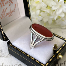 Load image into Gallery viewer, Vintage Scottish Carnelian Sterling Silver Ring. Large Oval Natural Carnelian Statement Ring. Art Deco Style Cocktail Ring Size Q / 8-1/4
