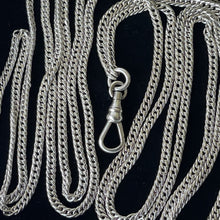 Load image into Gallery viewer, Victorian Silver 58” Long Guard Chain Necklace. Antique Curb Link Wheat Chain Sautoir Necklace. Sterling Silver Muff/Pocket Watch Chain
