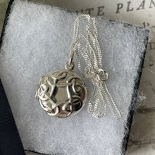Load image into Gallery viewer, Vintage Sterling Silver Celtic Knot Locket Necklace. Infinity/Love Knot Round Silver Photo Locket, Curb Chain. Puffy Pendant Locket Necklace
