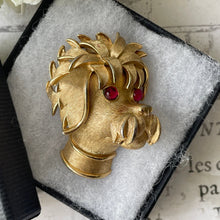 Load image into Gallery viewer, Vintage 1960s Crown Trifari Poodle Brooch. Gold Figural Poodle Head Brooch With Red Glass Crystal Eyes. Vintage Collectible Costume Jewelry
