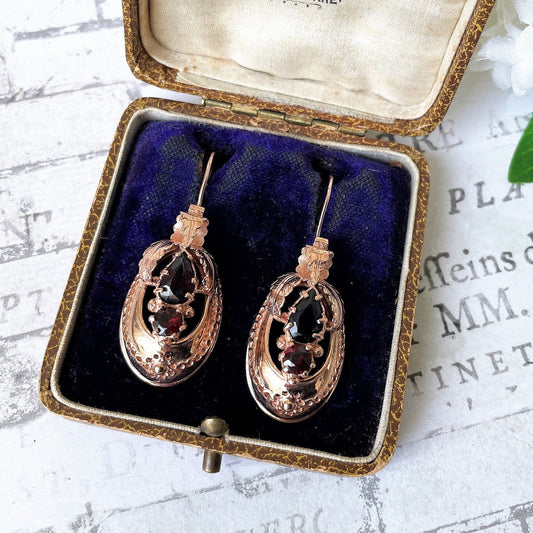 Victorian 9ct Rose Gold Etruscan Revival Garnet Drop Earrings, Boxed. Antique Bohemian Garnet Pendant Drop Earrings. Victorian Gold Jewelry