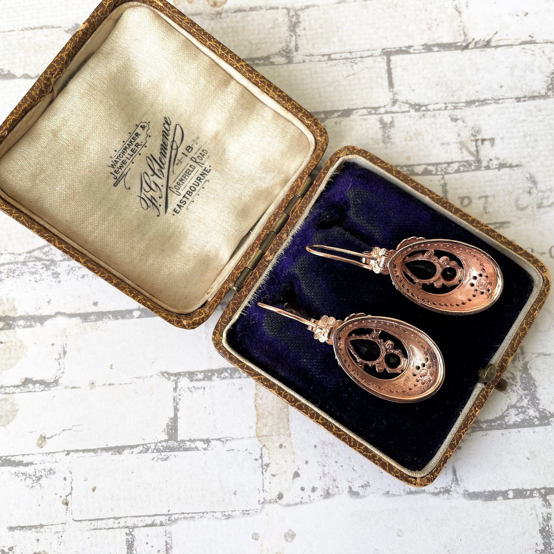 Victorian 9ct Rose Gold Etruscan Revival Garnet Drop Earrings, Boxed. Antique Bohemian Garnet Pendant Drop Earrings. Victorian Gold Jewelry