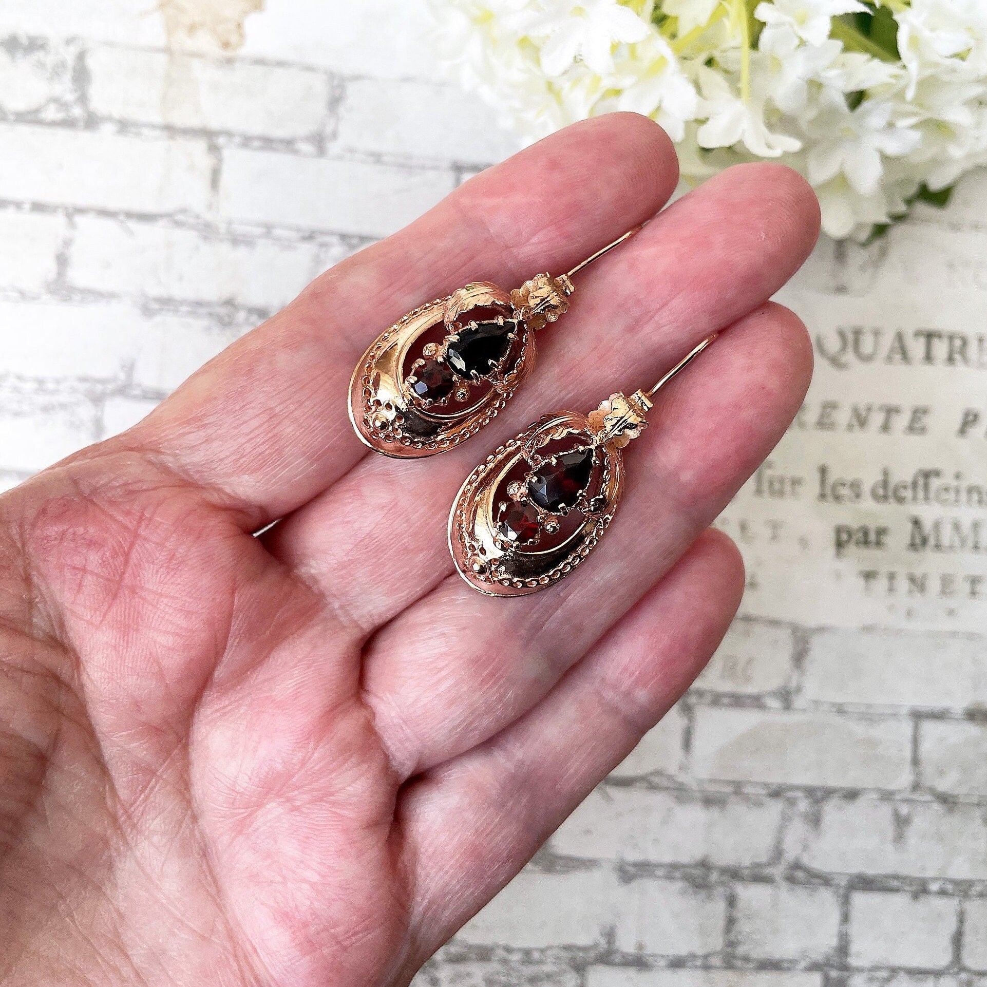 Victorian 9ct Rose Gold Etruscan Revival Garnet Drop Earrings, Boxed. Antique Bohemian Garnet Pendant Drop Earrings. Victorian Gold Jewelry