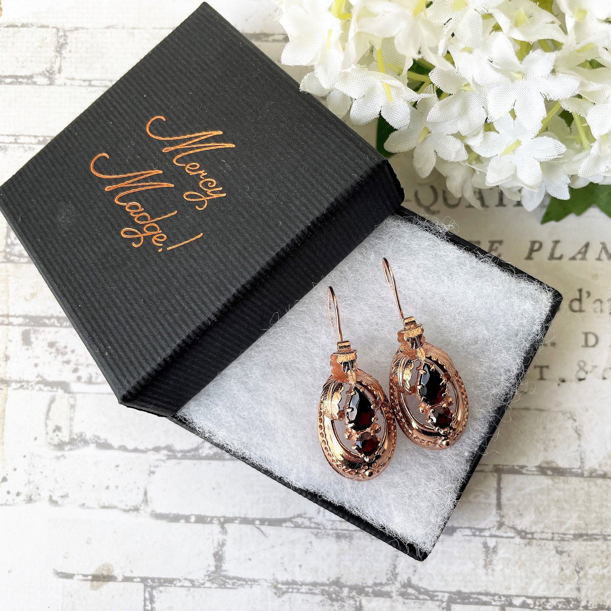 Victorian 9ct Rose Gold Etruscan Revival Garnet Drop Earrings, Boxed. Antique Bohemian Garnet Pendant Drop Earrings. Victorian Gold Jewelry