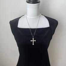 Load image into Gallery viewer, Vintage English Sterling Silver Cross Pendant Necklace. Engraved Silver Large Trefoil Cross &amp; 22&quot; Chain. Christian Cross Bottony Pendant
