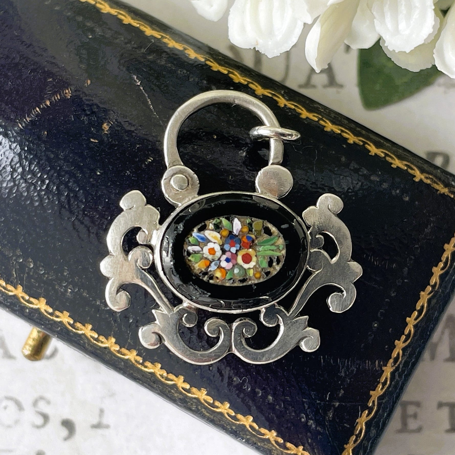 Antique Victorian Silver Micro Mosaic & Whitby Jet Padlock. Antique Sterling Silver Padlock Necklace Pendant. Victorian Bracelet Padlock