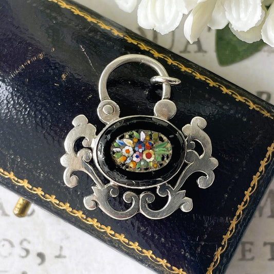 Antique Victorian Silver Micro Mosaic & Whitby Jet Padlock. Antique Sterling Silver Padlock Necklace Pendant. Victorian Bracelet Padlock