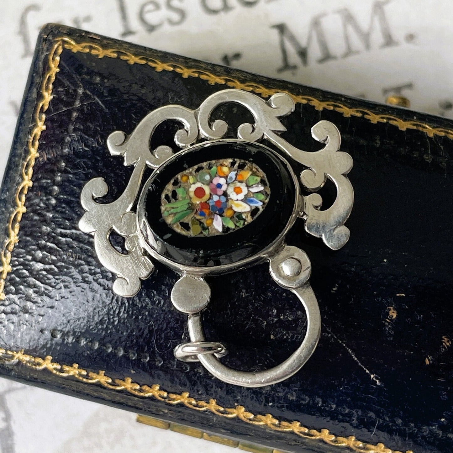 Antique Victorian Silver Micro Mosaic & Whitby Jet Padlock. Antique Sterling Silver Padlock Necklace Pendant. Victorian Bracelet Padlock