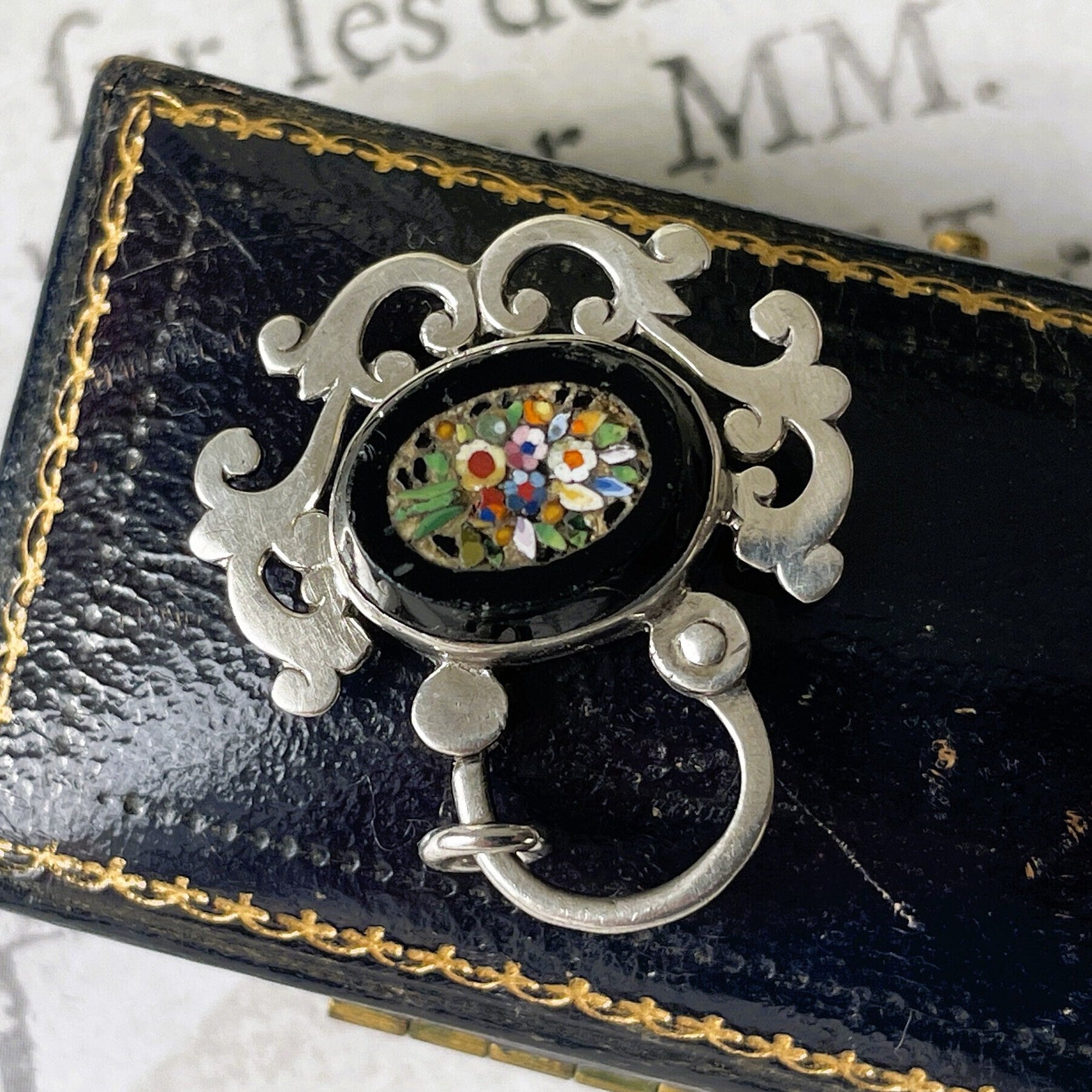 Antique Victorian Silver Micro Mosaic & Whitby Jet Padlock. Antique Sterling Silver Padlock Necklace Pendant. Victorian Bracelet Padlock