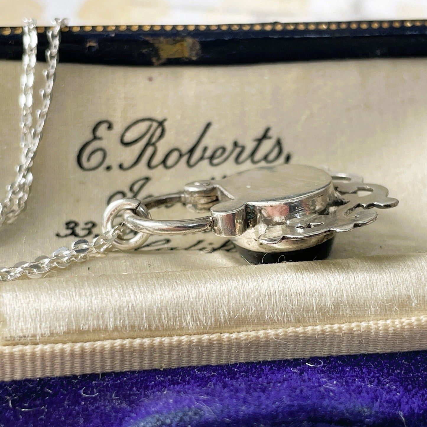Antique Victorian Silver Micro Mosaic & Whitby Jet Padlock. Antique Sterling Silver Padlock Necklace Pendant. Victorian Bracelet Padlock