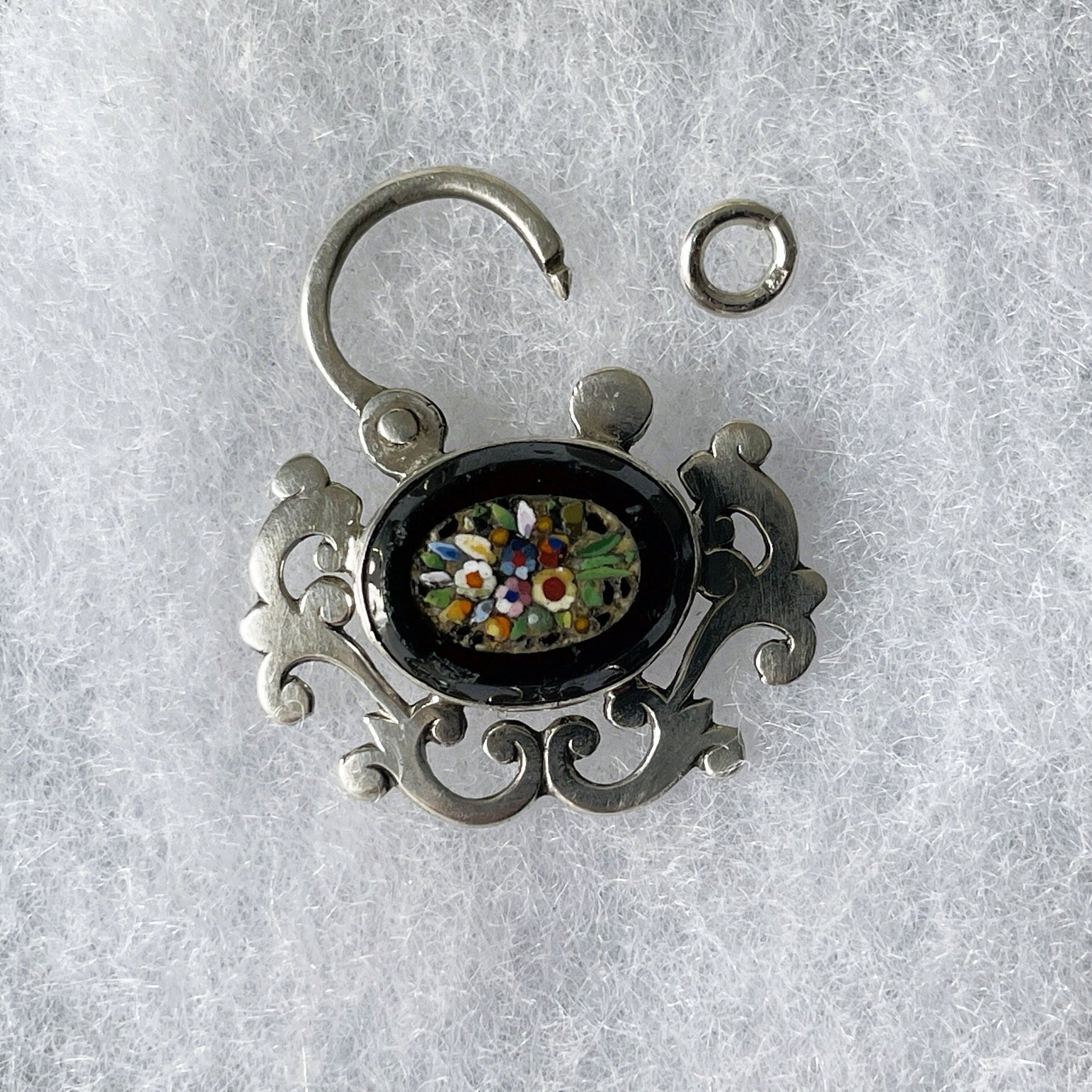 Antique Victorian Silver Micro Mosaic & Whitby Jet Padlock. Antique Sterling Silver Padlock Necklace Pendant. Victorian Bracelet Padlock