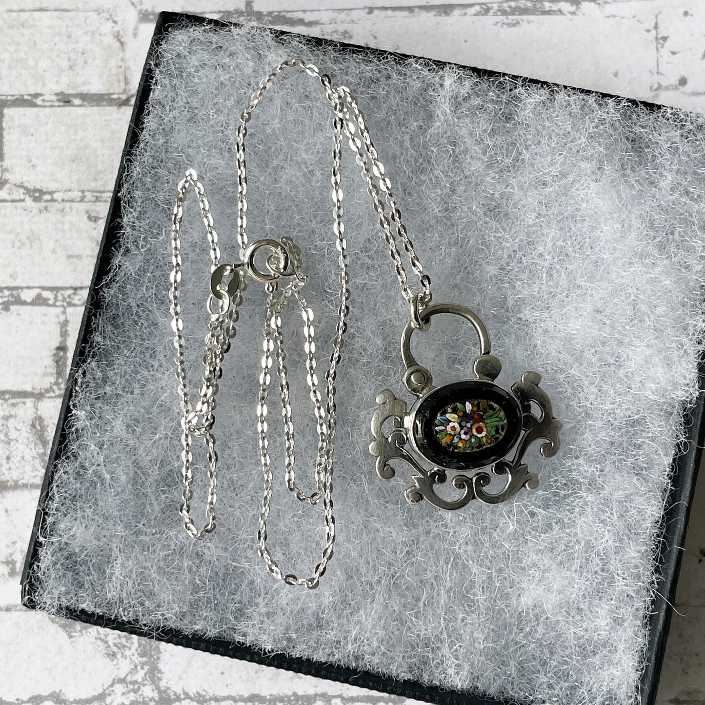 Antique Victorian Silver Micro Mosaic & Whitby Jet Padlock. Antique Sterling Silver Padlock Necklace Pendant. Victorian Bracelet Padlock