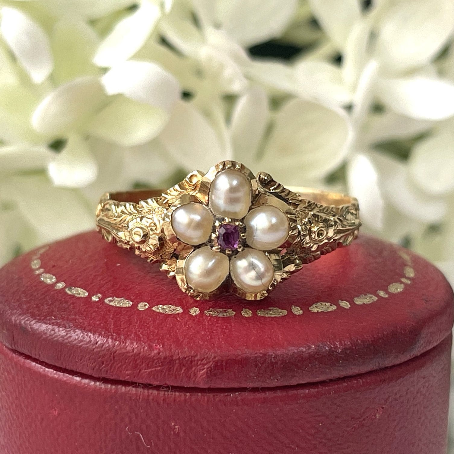 Antique Georgian 18ct Gold Ruby & Pearl "Forget Me Not" Locket Ring. Sentimental/Mourning Ring With Hair Compartment. Georgian Dress Ring.