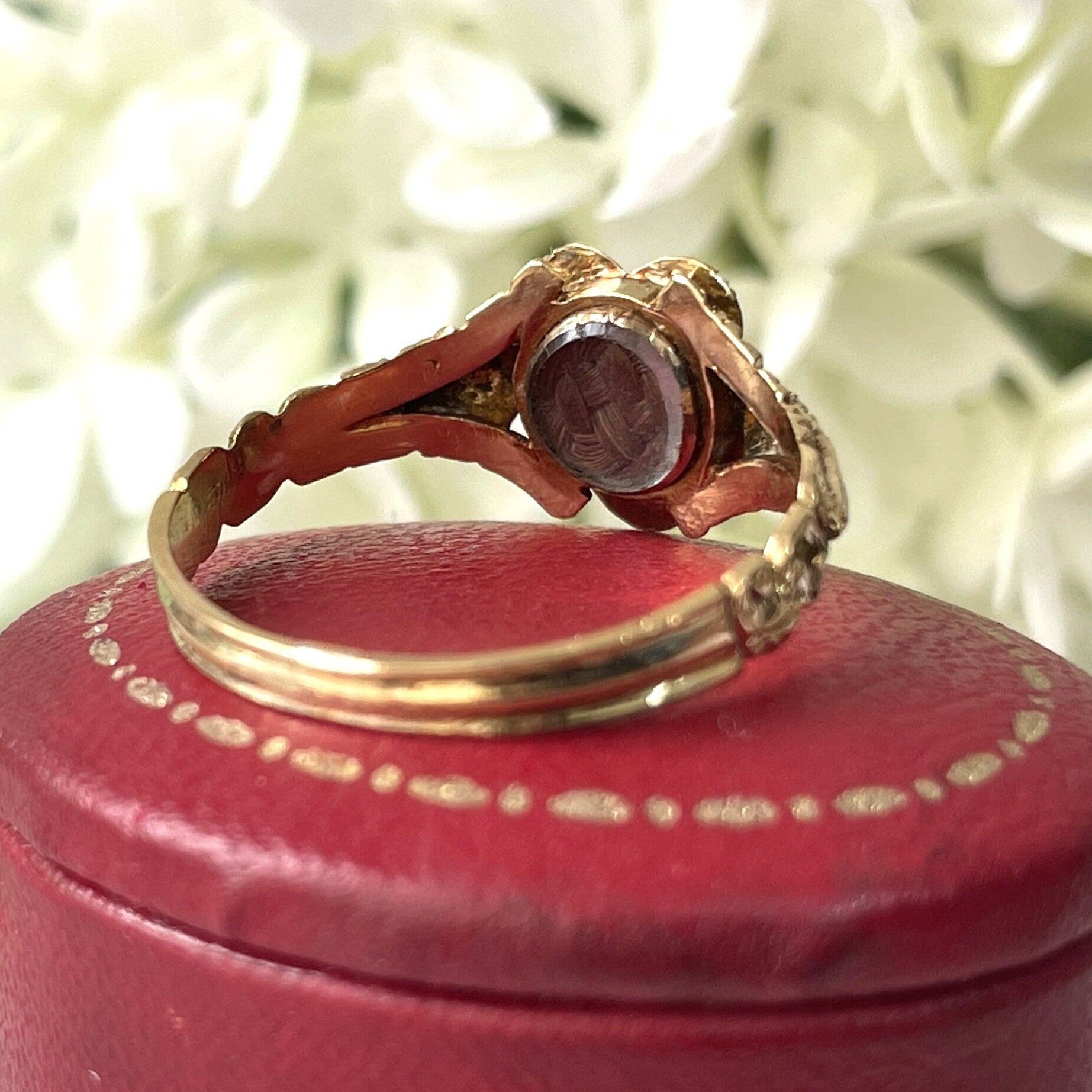 Antique Georgian 18ct Gold Ruby & Pearl "Forget Me Not" Locket Ring. Sentimental/Mourning Ring With Hair Compartment. Georgian Dress Ring.
