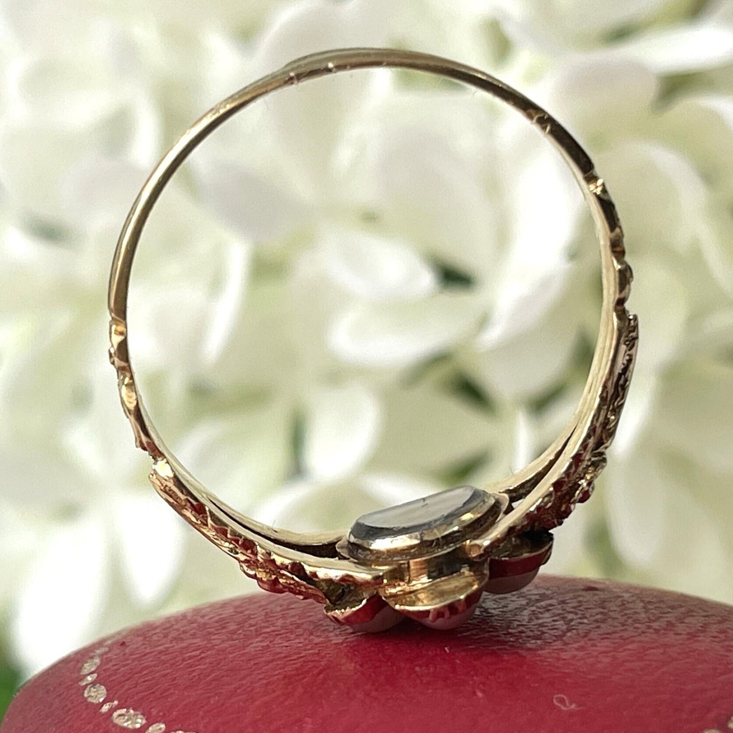 Antique Georgian 18ct Gold Ruby & Pearl "Forget Me Not" Locket Ring. Sentimental/Mourning Ring With Hair Compartment. Georgian Dress Ring.
