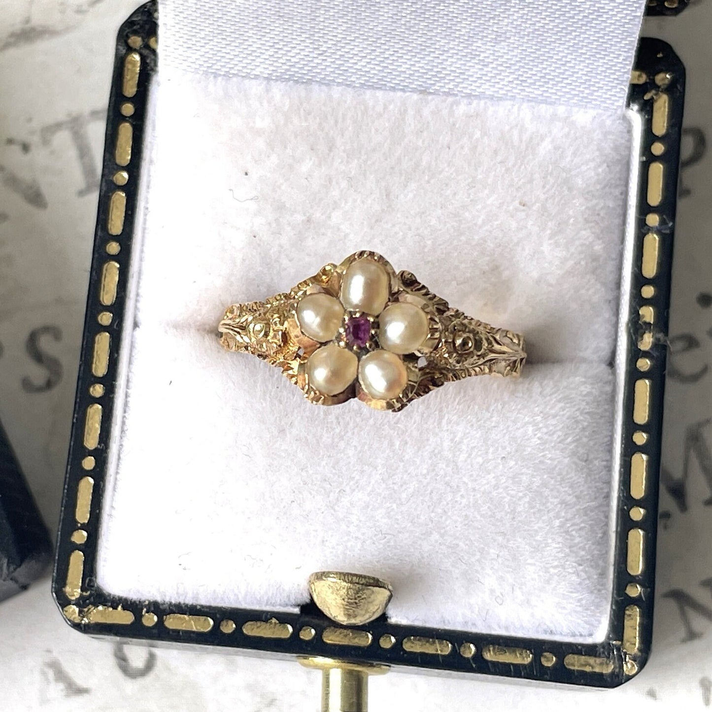 Antique Georgian 18ct Gold Ruby & Pearl "Forget Me Not" Locket Ring. Sentimental/Mourning Ring With Hair Compartment. Georgian Dress Ring.