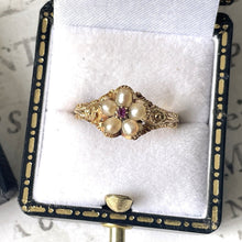 Load image into Gallery viewer, Antique Georgian 18ct Gold Ruby &amp; Pearl &quot;Forget Me Not&quot; Locket Ring. Sentimental/Mourning Ring With Hair Compartment. Georgian Dress Ring.
