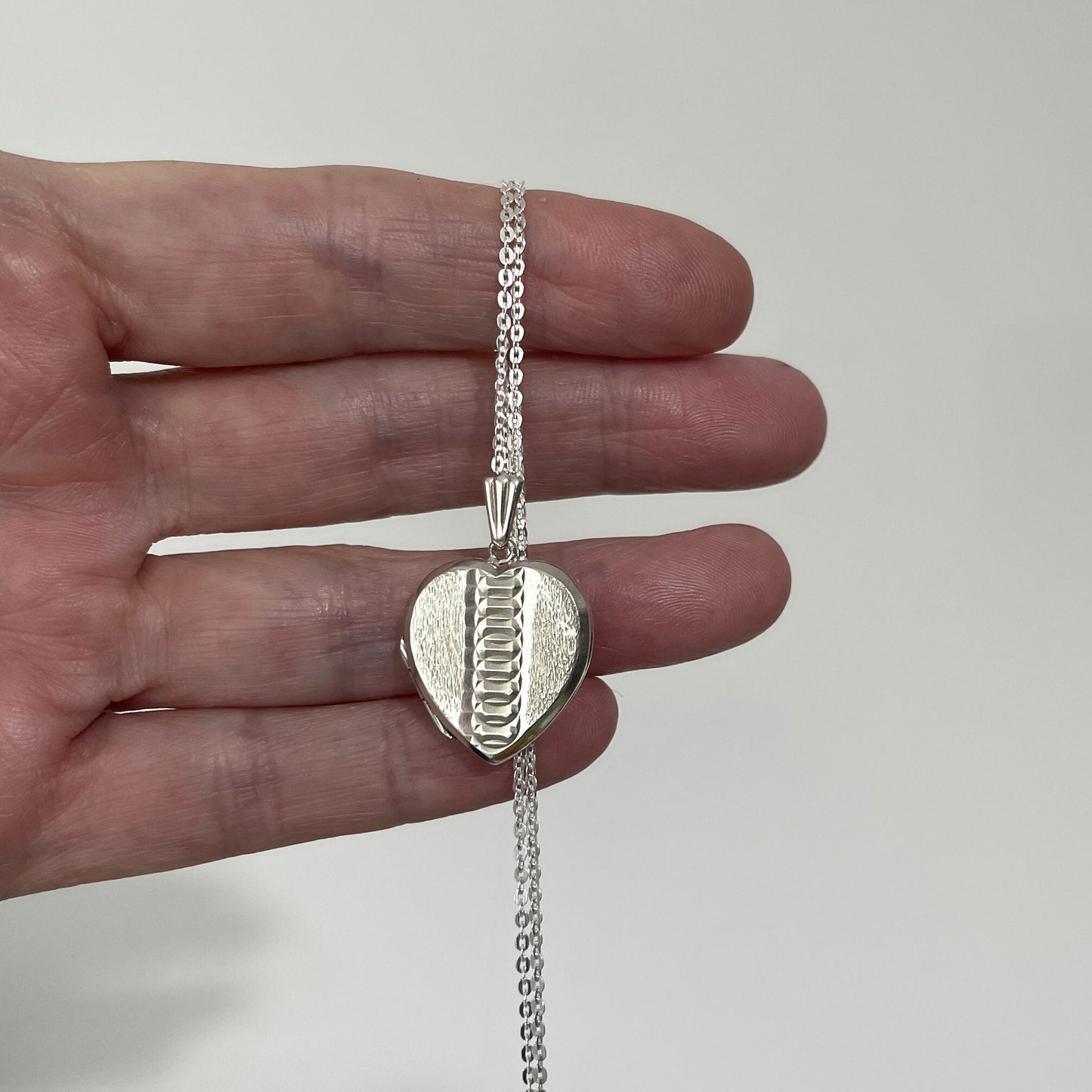 Vintage Sterling Silver Guilloche Engraved Heart Locket Necklace. Art Deco Revival 2-Photo Love Heart Locket On Sterling Silver Trace Chain