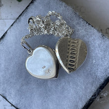 Load image into Gallery viewer, Vintage Sterling Silver Guilloche Engraved Heart Locket Necklace. Art Deco Revival 2-Photo Love Heart Locket On Sterling Silver Trace Chain

