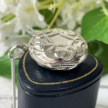Load image into Gallery viewer, Vintage Sterling Silver Celtic Knot Locket Necklace. Infinity/Love Knot Round Silver Photo Locket, Curb Chain. Puffy Pendant Locket Necklace
